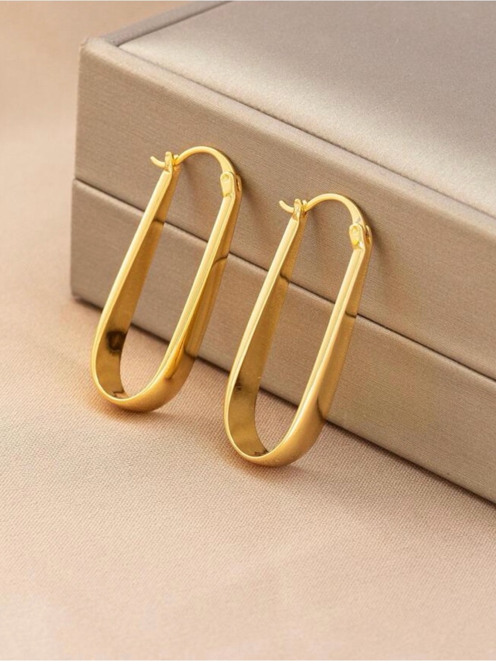Polished Gold Elongated Loop Hoop Earrings - Women Jewelry